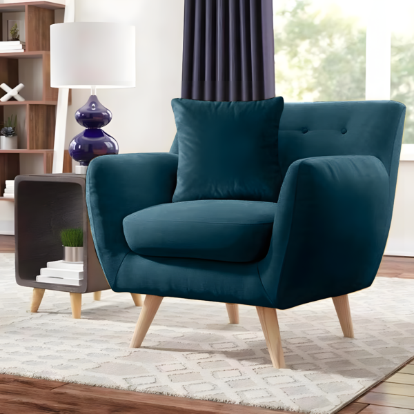Red beech wood and velvet armchair - Blue