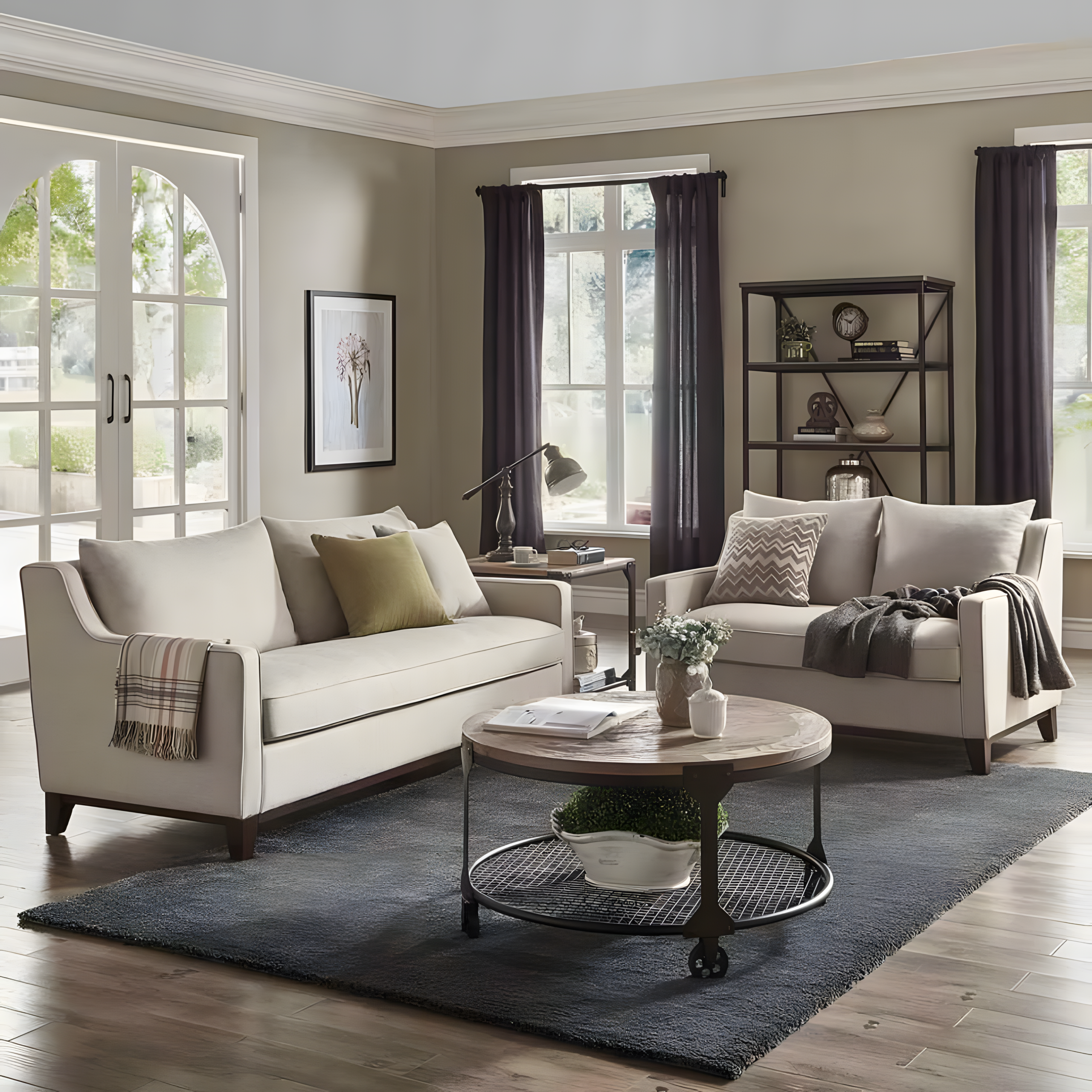Modern living room set in beech and pine wood with linen fabric, two pieces - beige