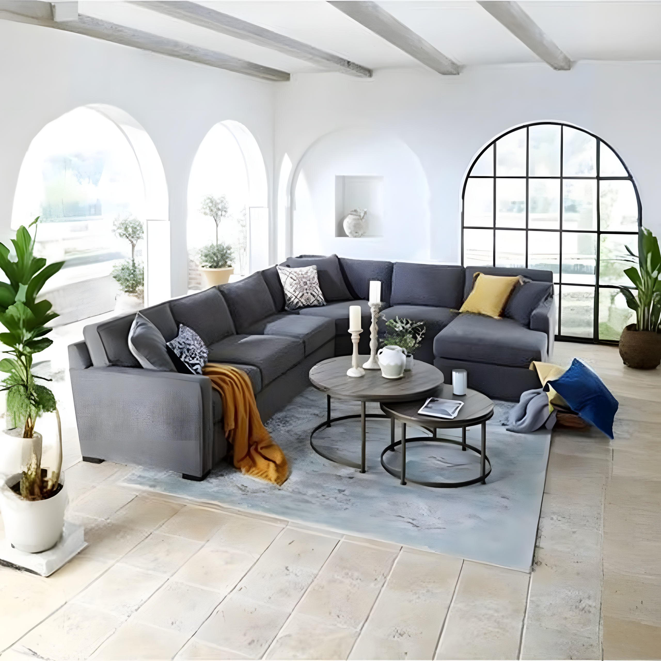 Round L Shape sofa made of beech wood and linen