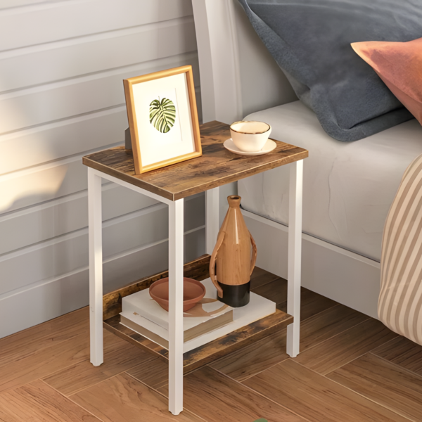 2-Tier Industrial Side Table with Wood Top and Metal Frame - Beige & White