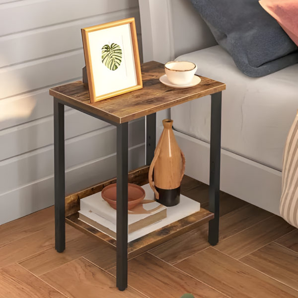 2-Tier Industrial Side Table with Wood Top and Metal Frame - Black & Brown