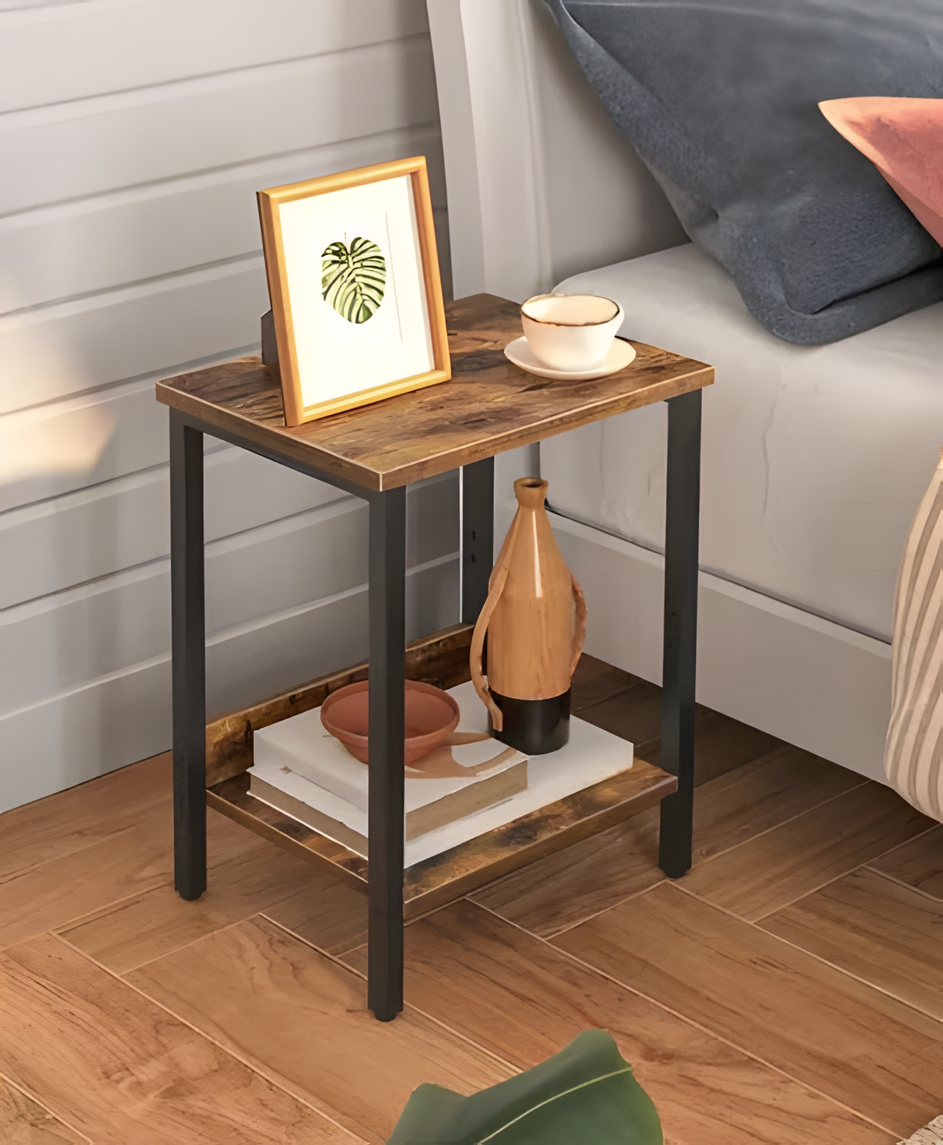 2-Tier Industrial Side Table with Wood Top and Metal Frame - Image 2