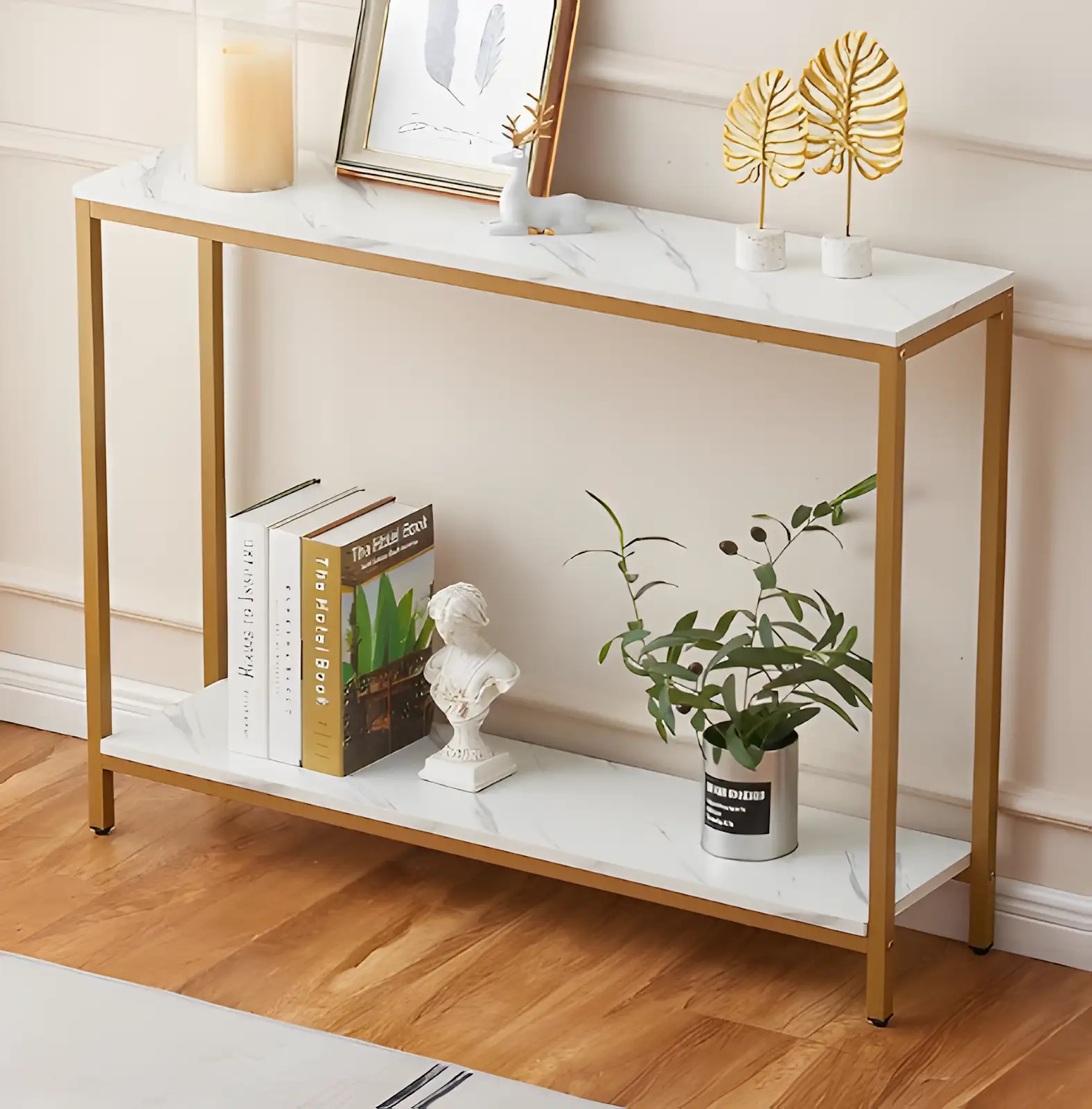 Modern Faux Marble Console Table with Metal Frame - Double Layer
