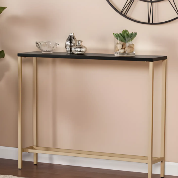 Console Table with Gold Frame and Wood Top - Black and Gold