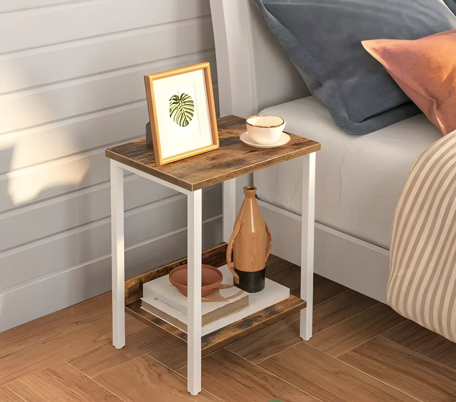2-Tier Industrial Side Table with Wood Top and Metal Frame