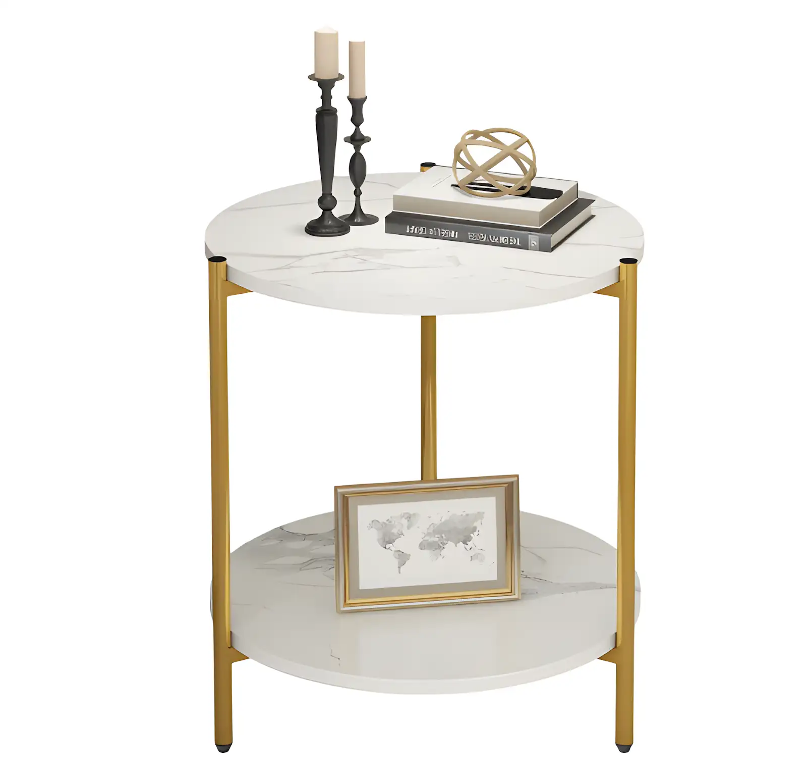 2-Tier Round Side Table with Marble Texture Top and Gold Metal Frame