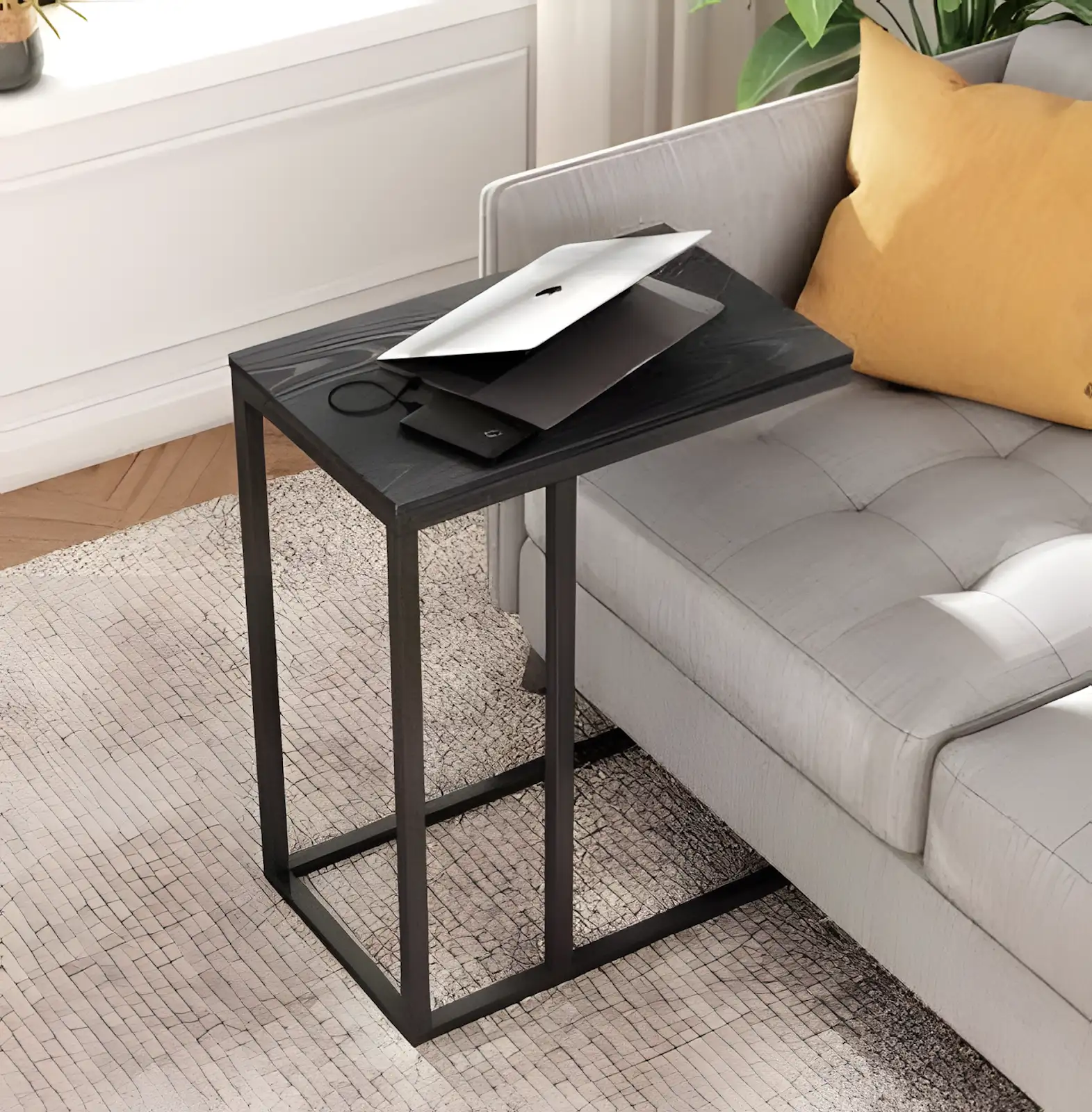 C-Shaped Sofa Side Table with Wood Top and Metal Frame