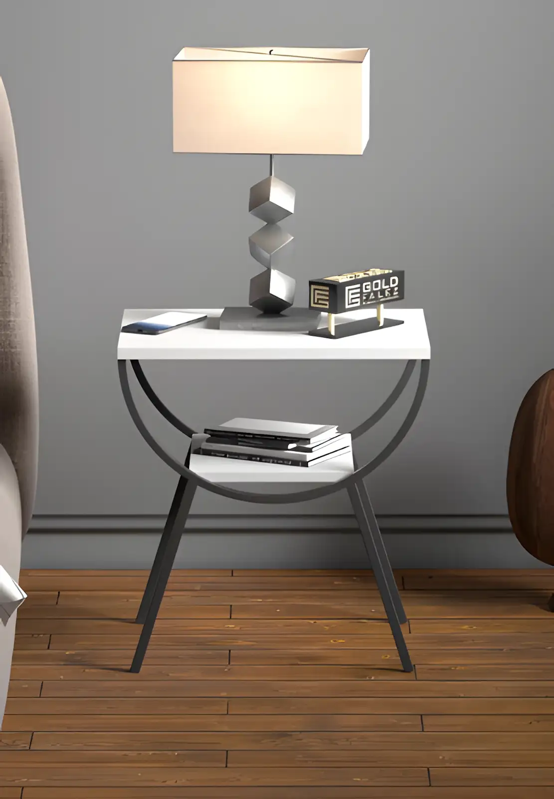 Modern 2-Tier Side Table with Wood Top and Iron Frame
