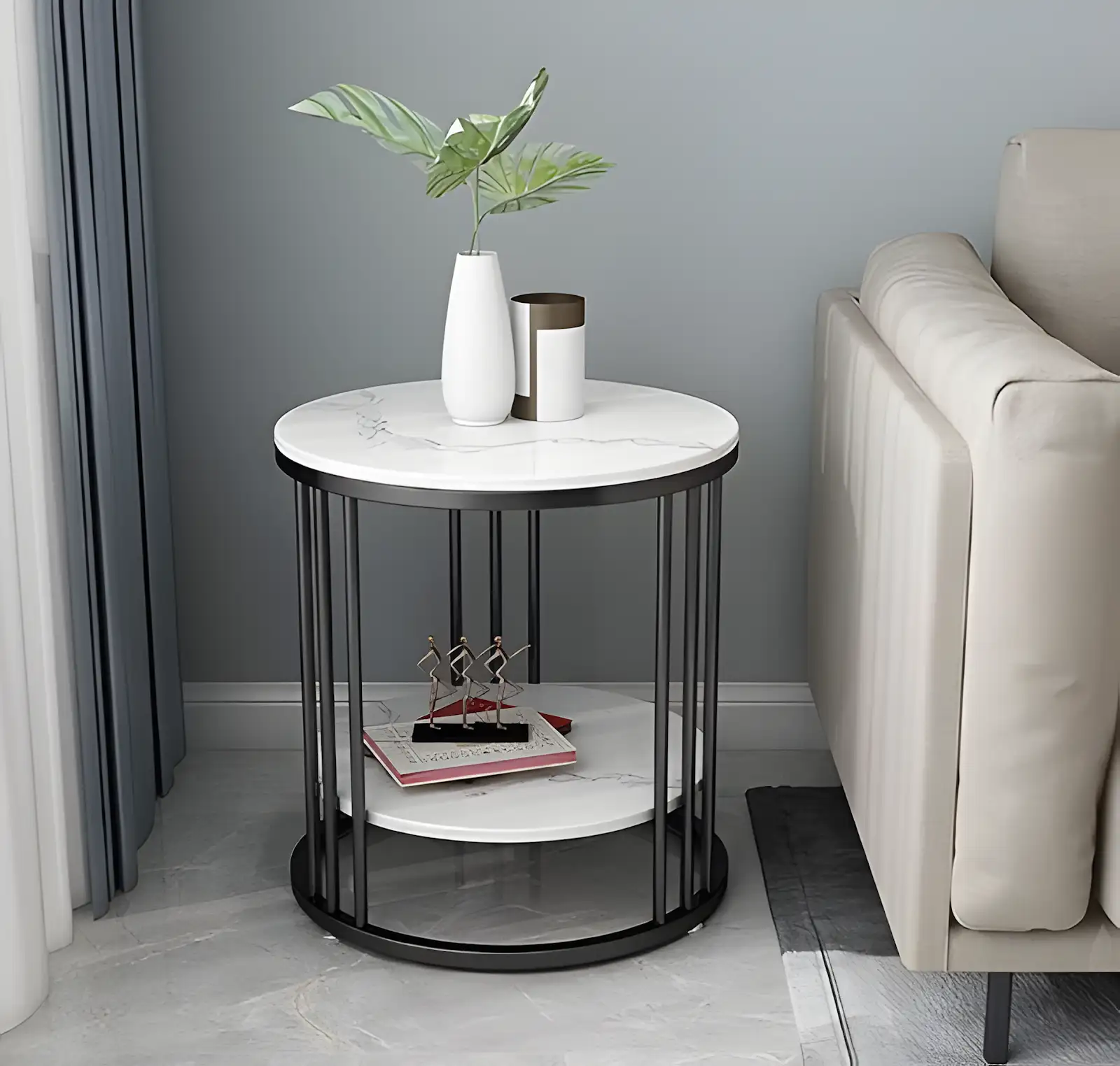 Round Coffee Table with Metal Frame and Wood Top