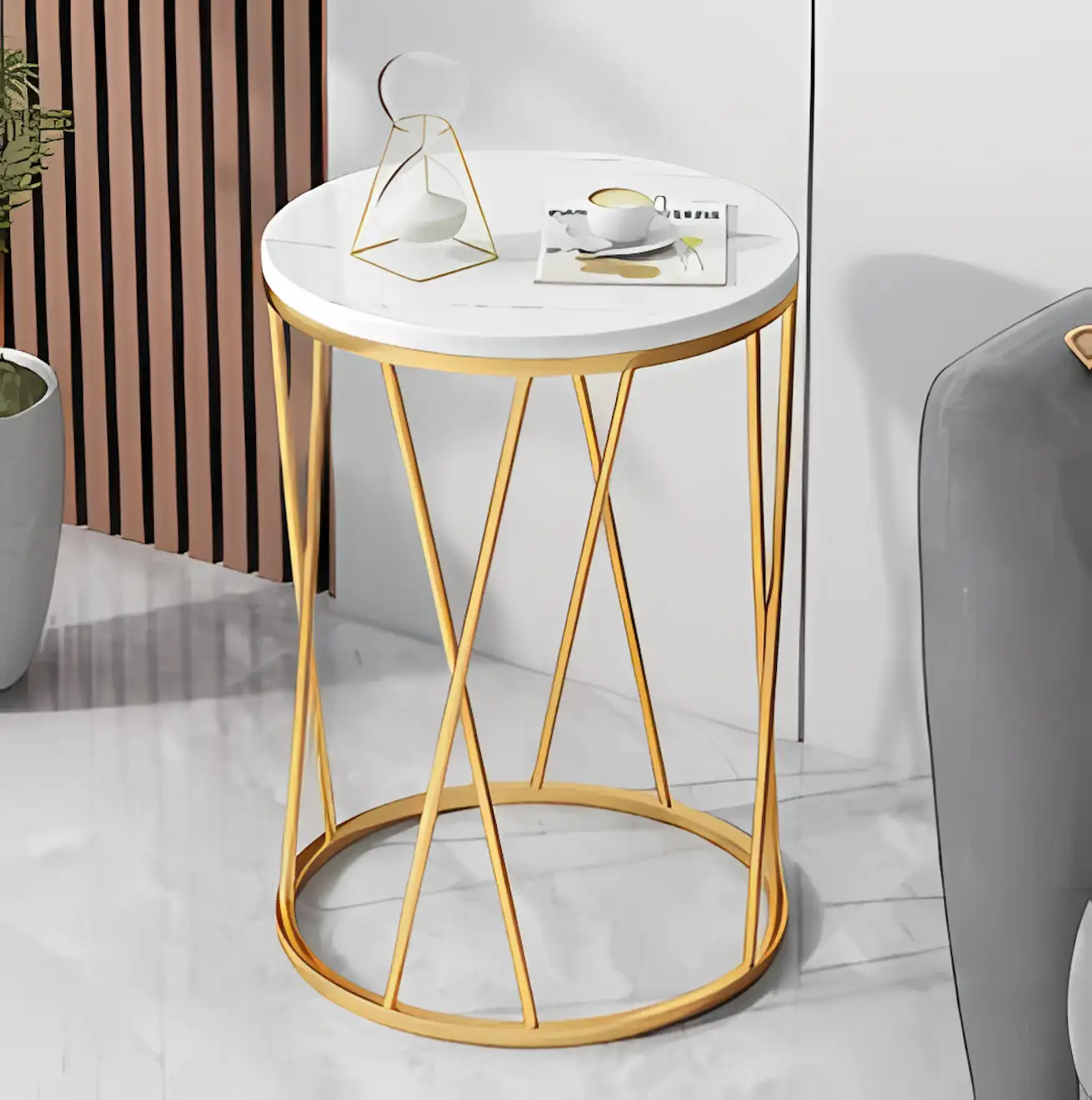 Side Table -Gold & White