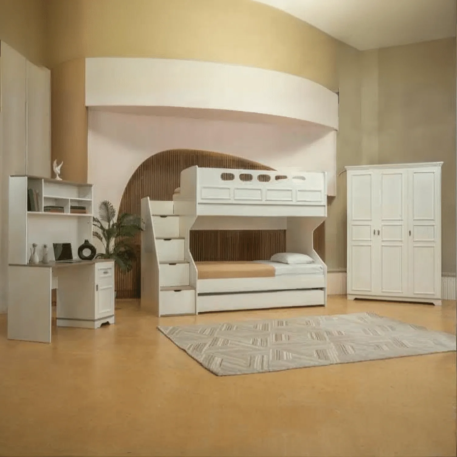 Modern 3-Piece Off-White Youth Bunk Bedroom Set