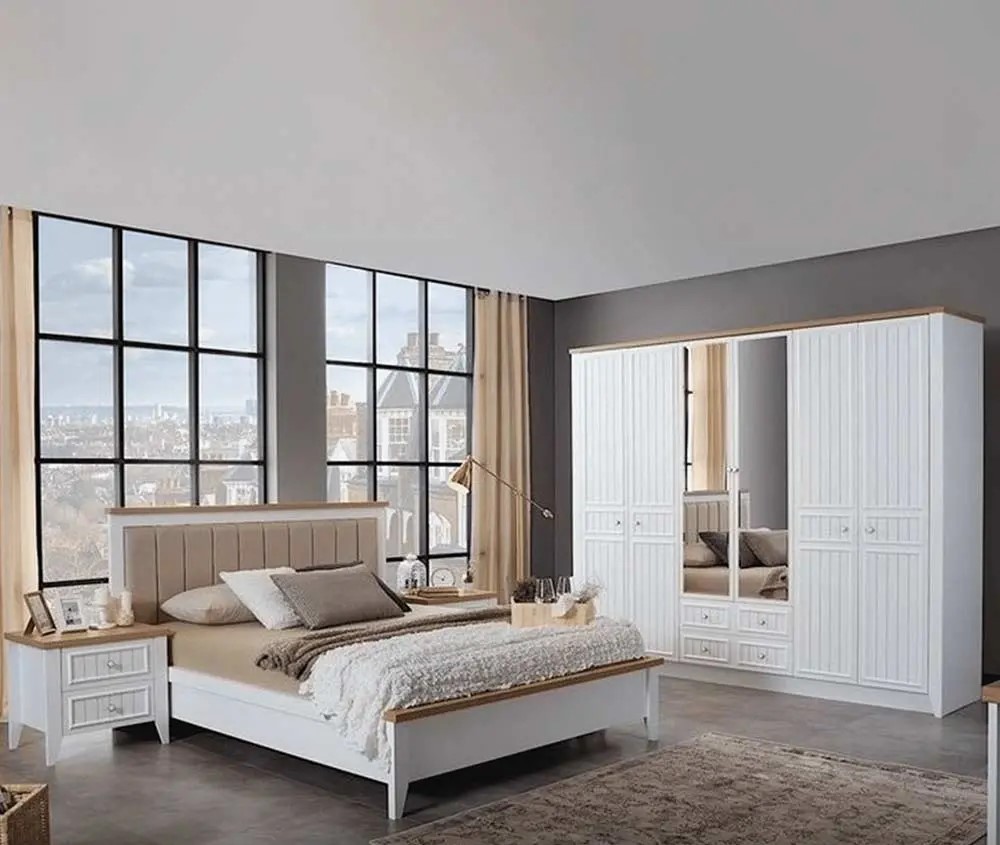 Modern 5-Piece White Master Bedroom Set with Wood Accents