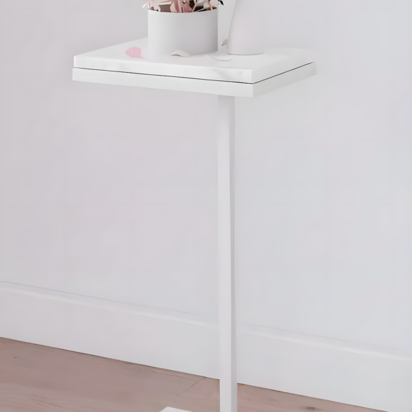 C-Shaped Side Table with White Marble Top - White