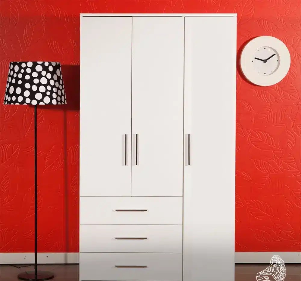 Modern White 3-Door Wardrobe with Drawers