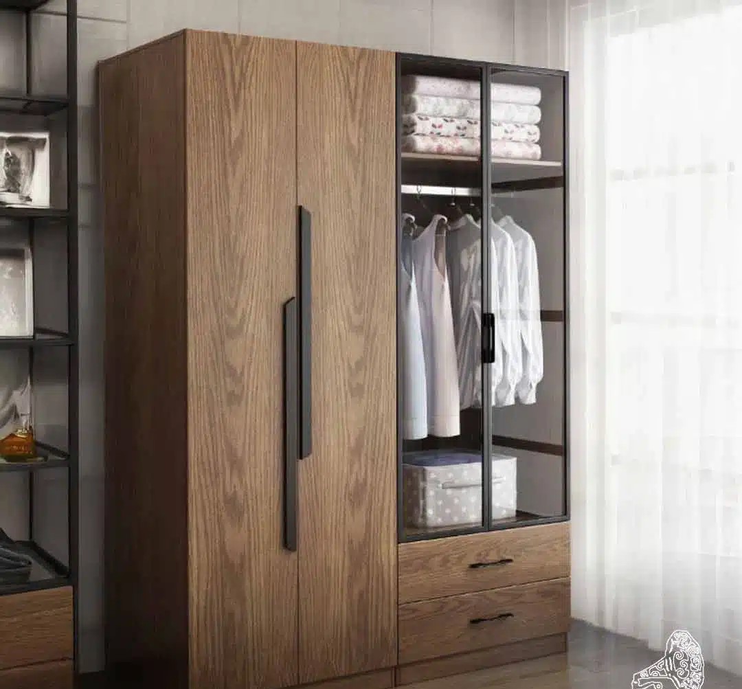 Modern Dark Wood Wardrobe with Glass Doors & Drawers