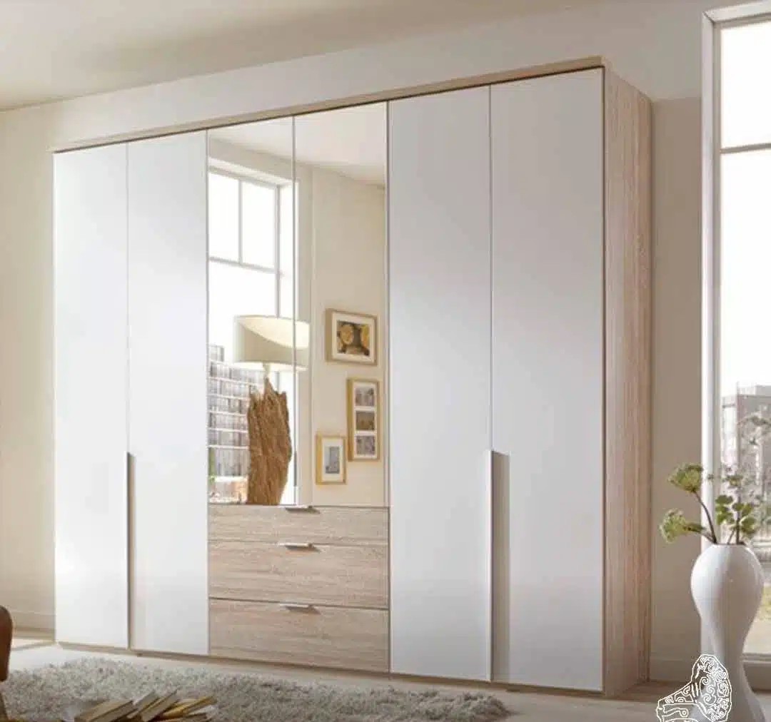 Large Modern White & Light Wood Bedroom Wardrobe with Mirrored Doors