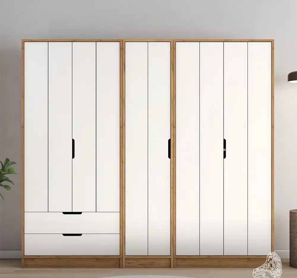 Modern White & Natural Wood Bedroom Wardrobe with Drawers