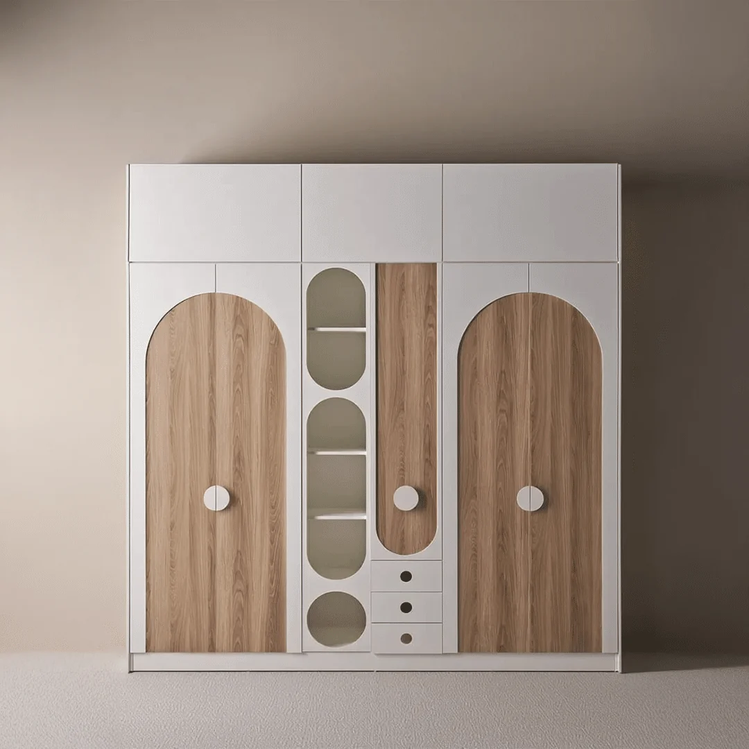 Large Modern White & Wood Wardrobe with Arched Doors & Overhead Storage