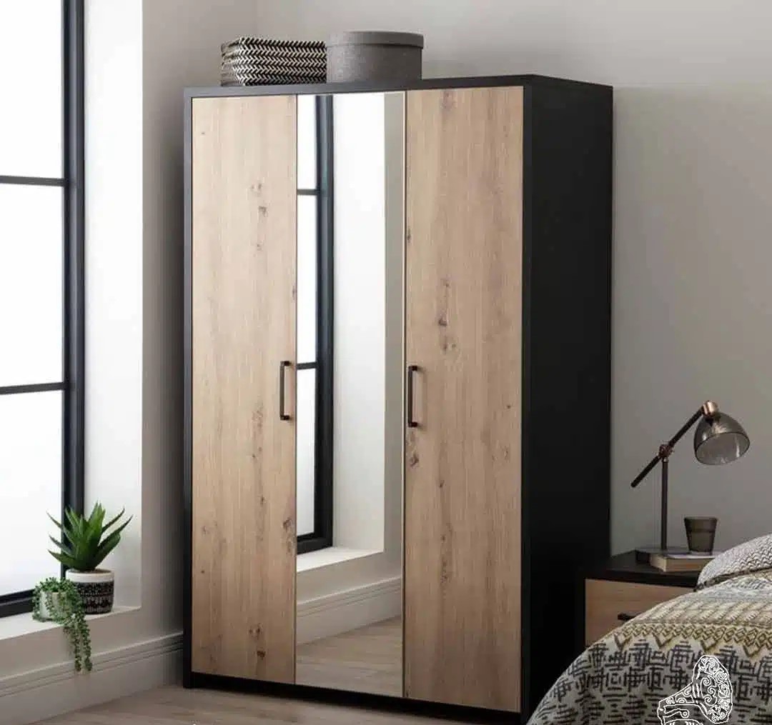 Modern Wood & Black Wardrobe with Center Mirror