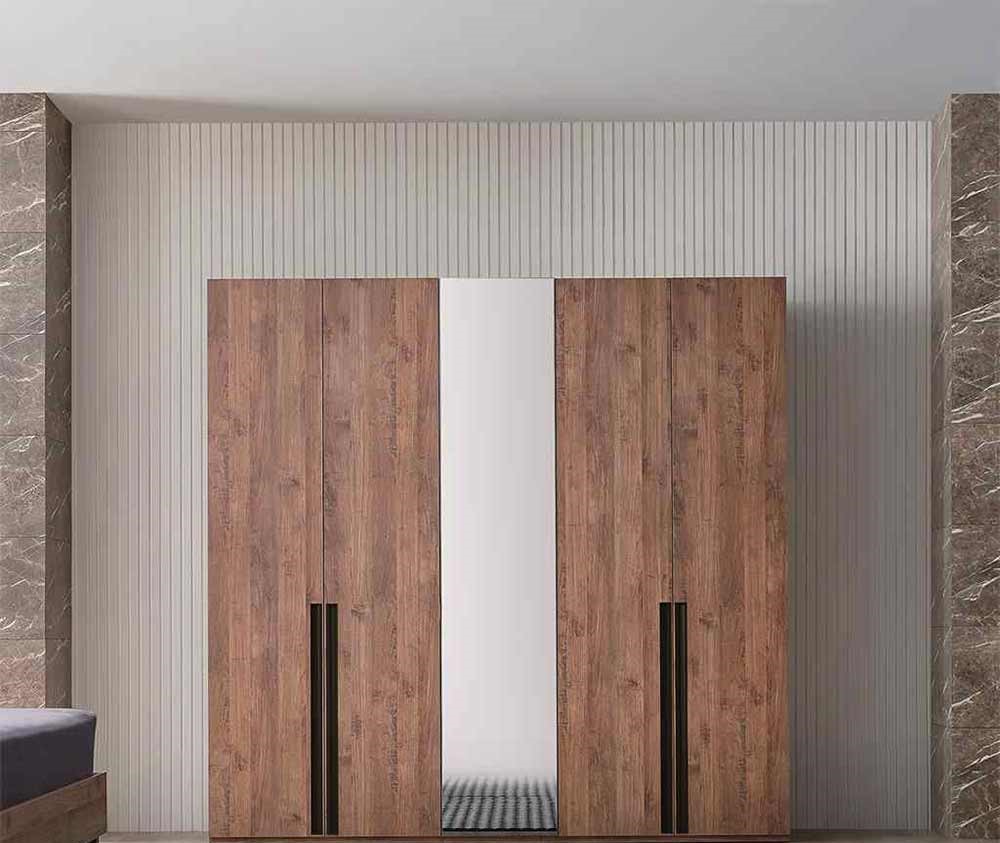 Modern Brown Wood Bedroom Wardrobe with Center Mirror