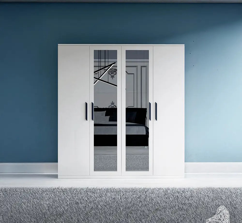 Modern White Wardrobe with Double Mirrors
