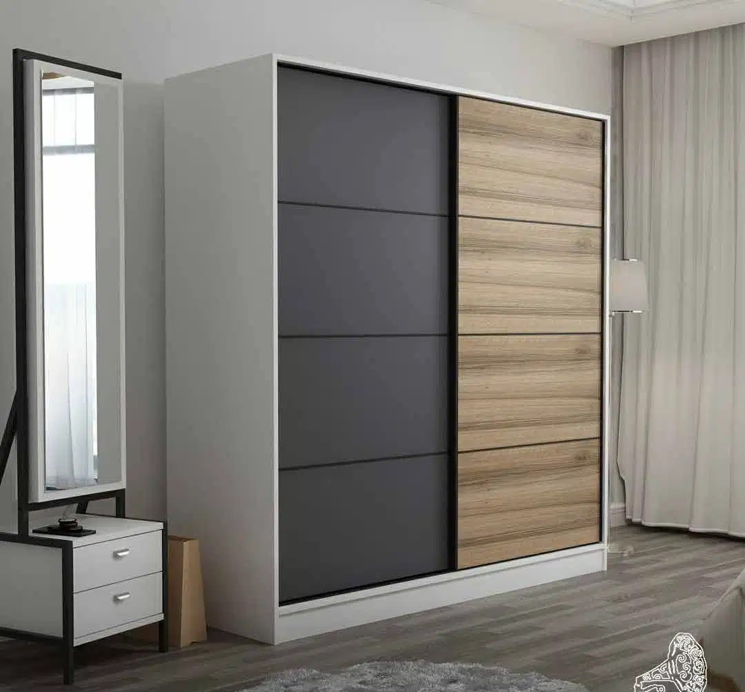 Modern White, Black & Wood Sliding Wardrobe