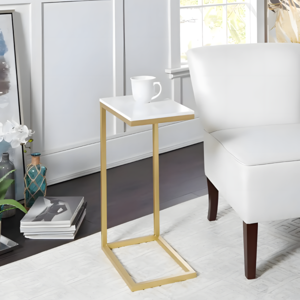 C-Shaped Side Table with Marble Top and Metal Frame - Black & White