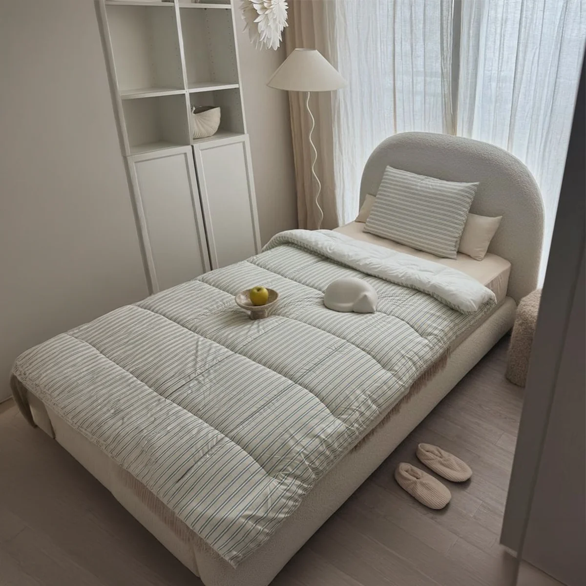 Modern Beige Upholstered Bed with Curved Headboard