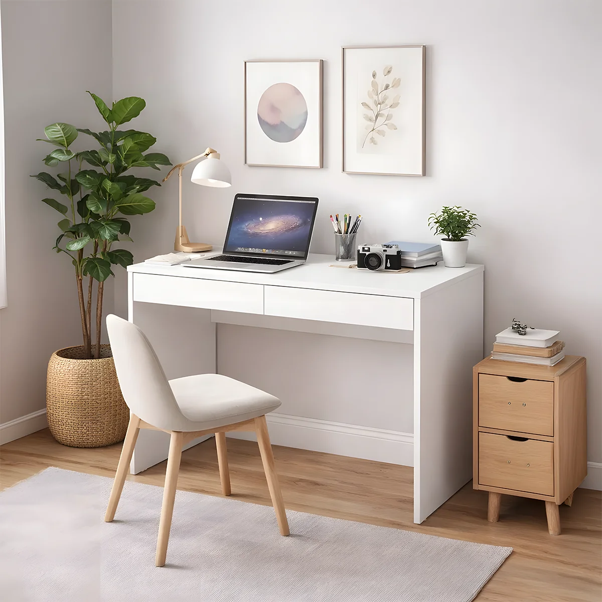 Minimalist White Desk with Dual Storage Drawers