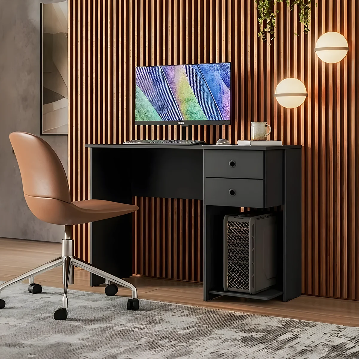 Compact Black Computer Desk with Storage Drawers & CPU Stand
