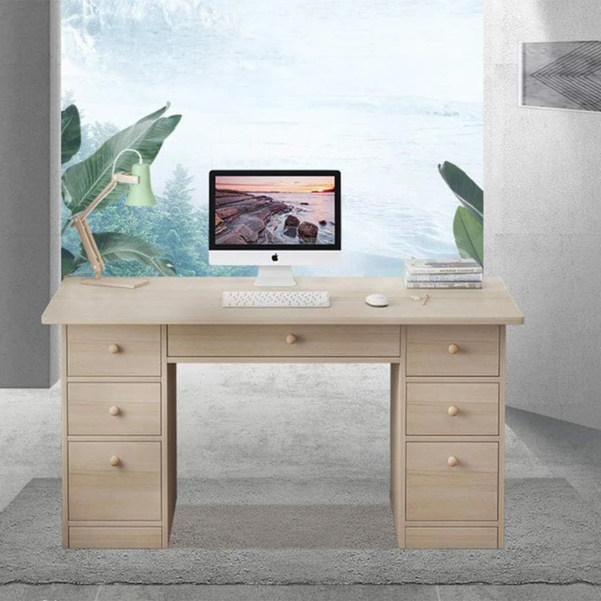 Modern Wooden Executive Desk with Drawers - Natural Beige