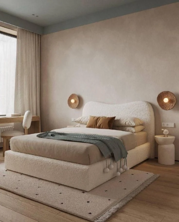 Modern Off-White Bouclé Upholstered Bed