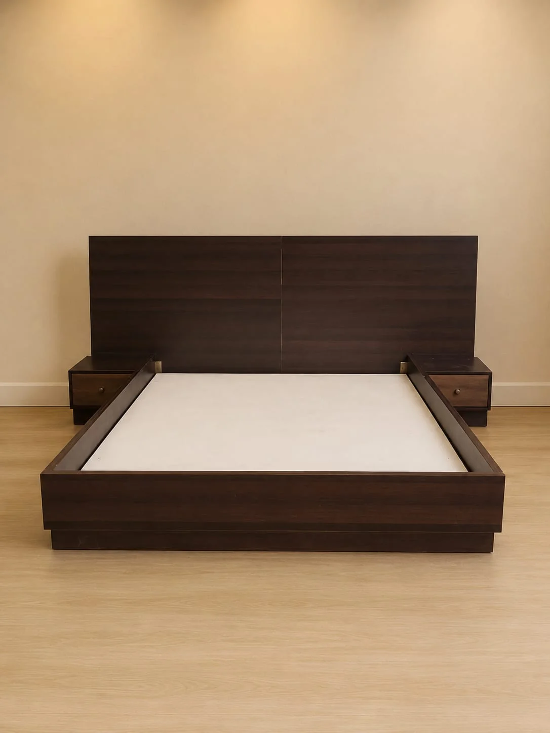 Modern Dark Brown King Bed with Integrated Nightstands