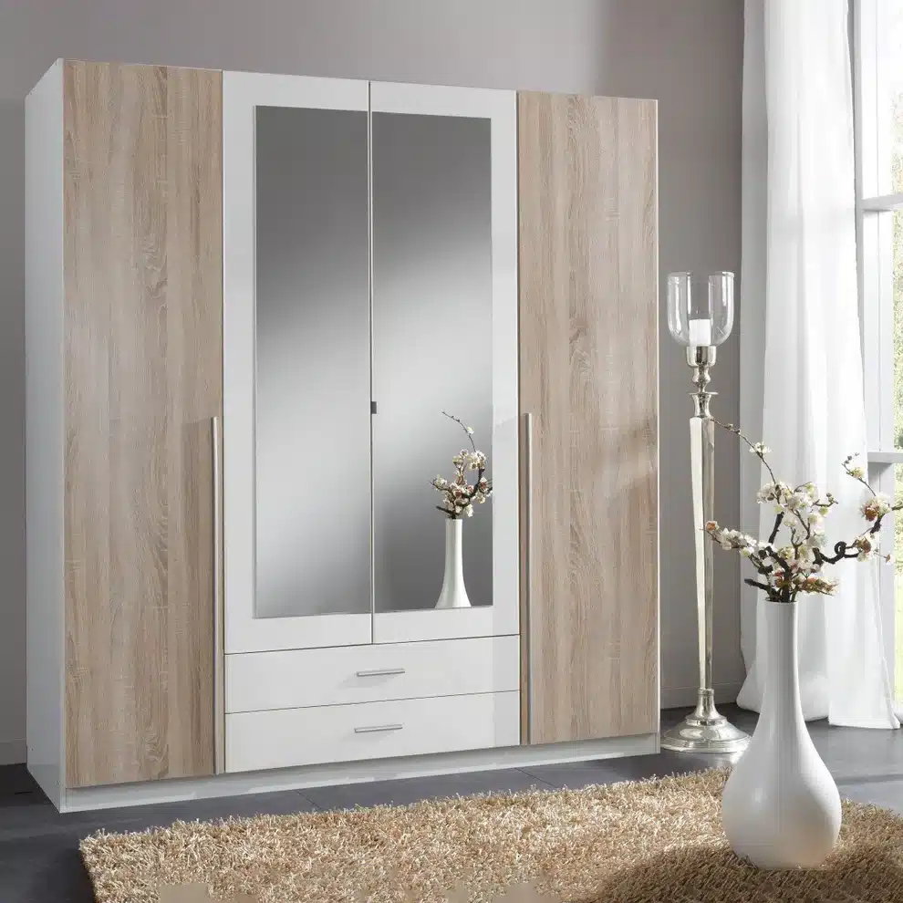 Modern White & Wood Bedroom Wardrobe with Mirrored Doors