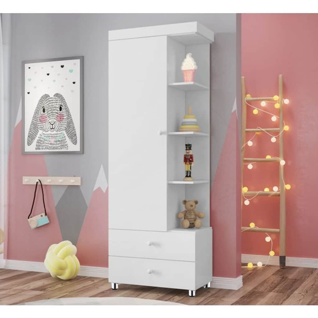 Kids Modern White Single Wardrobe with Side Display Shelves