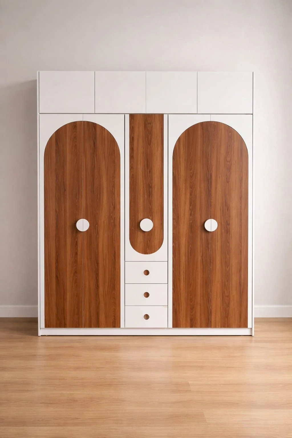 Modern White & Wood Wardrobe with Drawers