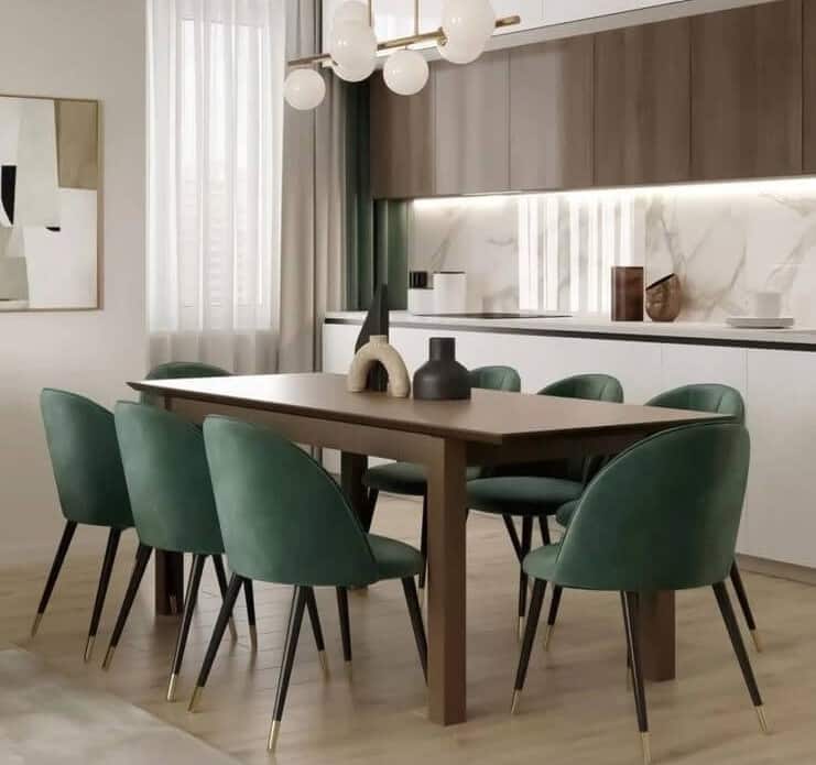 Modern Dining Table with 8 Chairs – Green & Brown