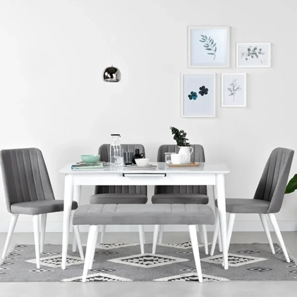 Modern Dining Table Set with 4 Chairs & Bench - VL-RT-86912 - White & Grey