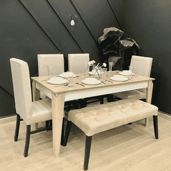 Modern Dining Table Set with 4 Chairs & Bench - VL-RT-87276 - Beige & White
