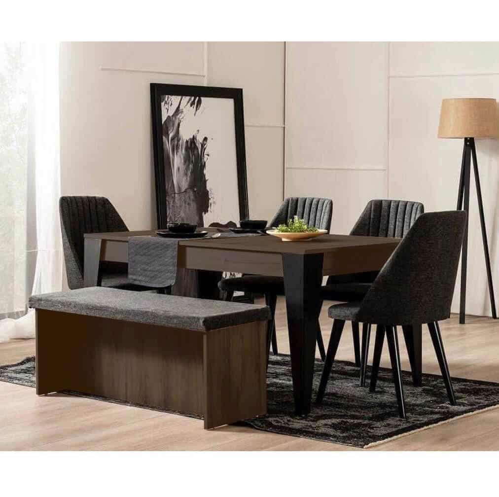 Modern Dark Brown Dining Table Set with 4 Chairs & Bench