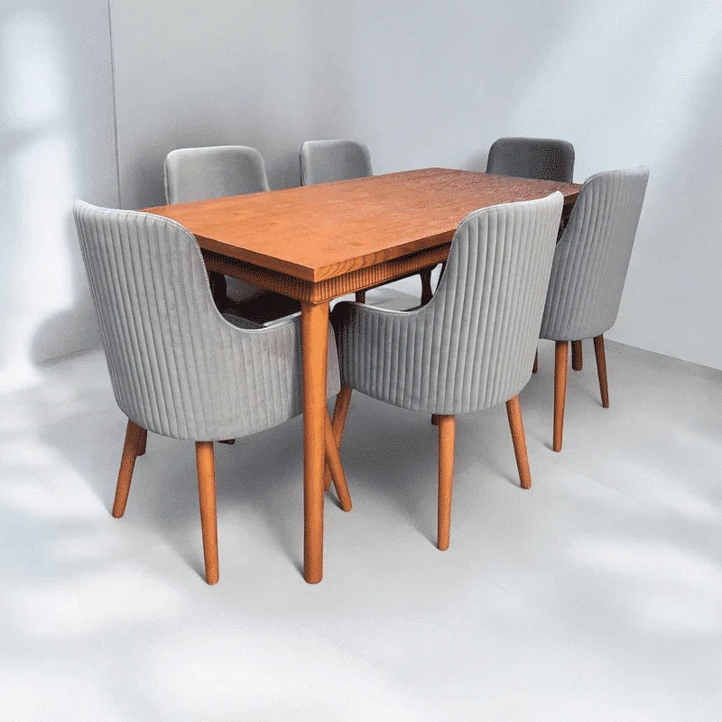 Modern Brown Wooden Dining Table Set with 6 Grey Chairs