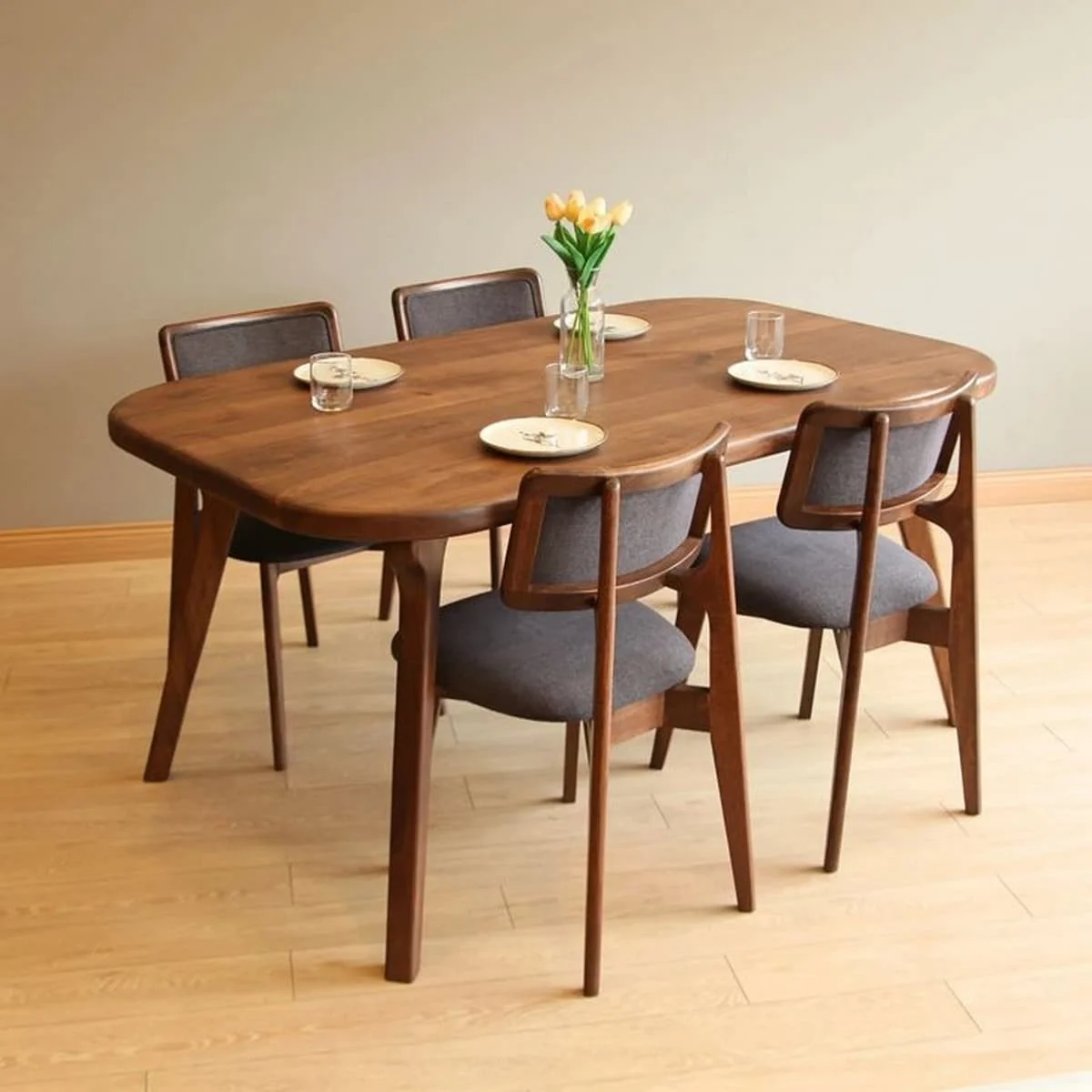 Modern Walnut Wooden Dining Table Set with 4 Grey Upholstered Chairs