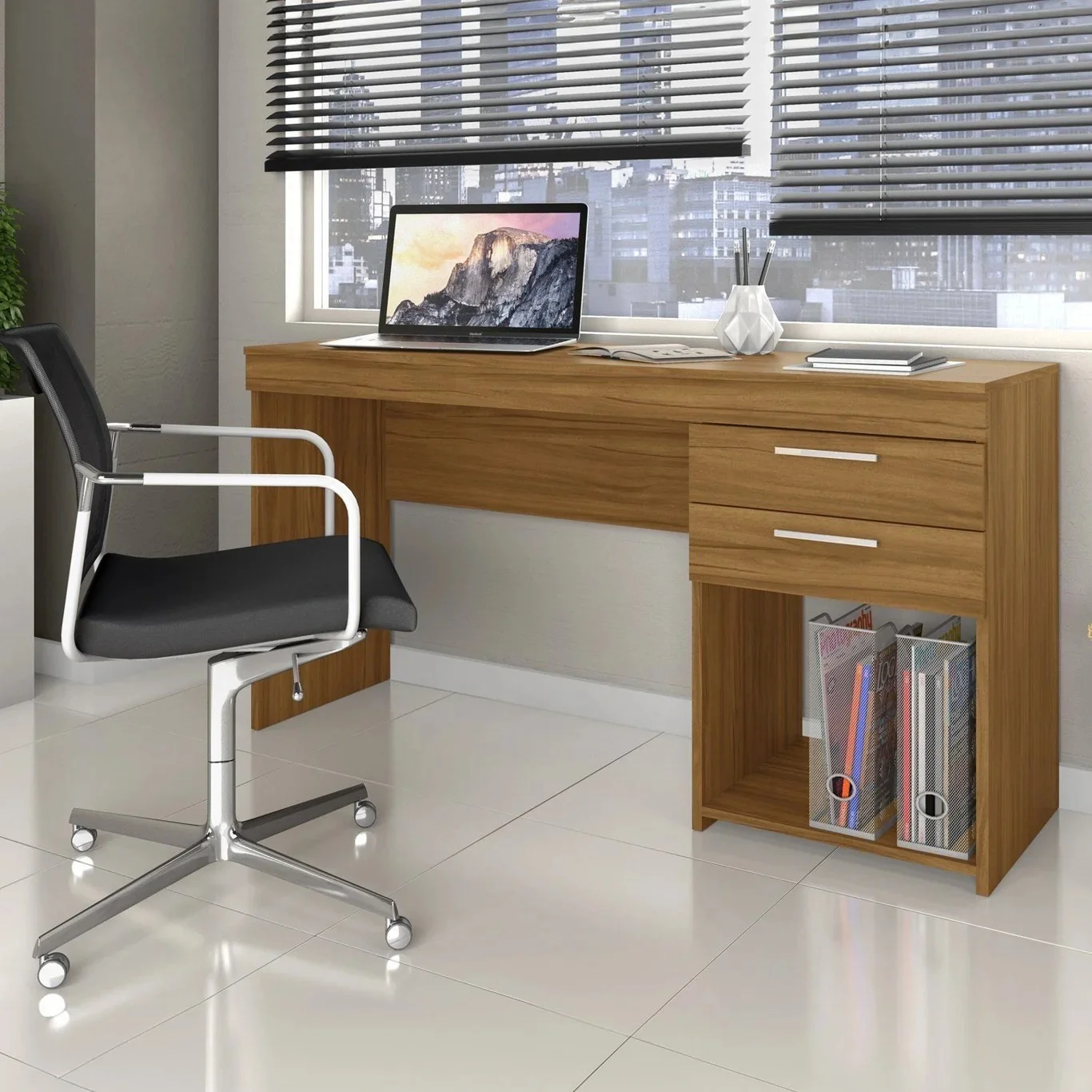 Modern Wooden Office Desk with 2 Drawers & Open Compartment