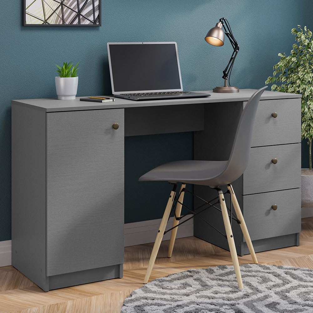 Modern Grey Office Desk with Storage Cabinet & Drawers