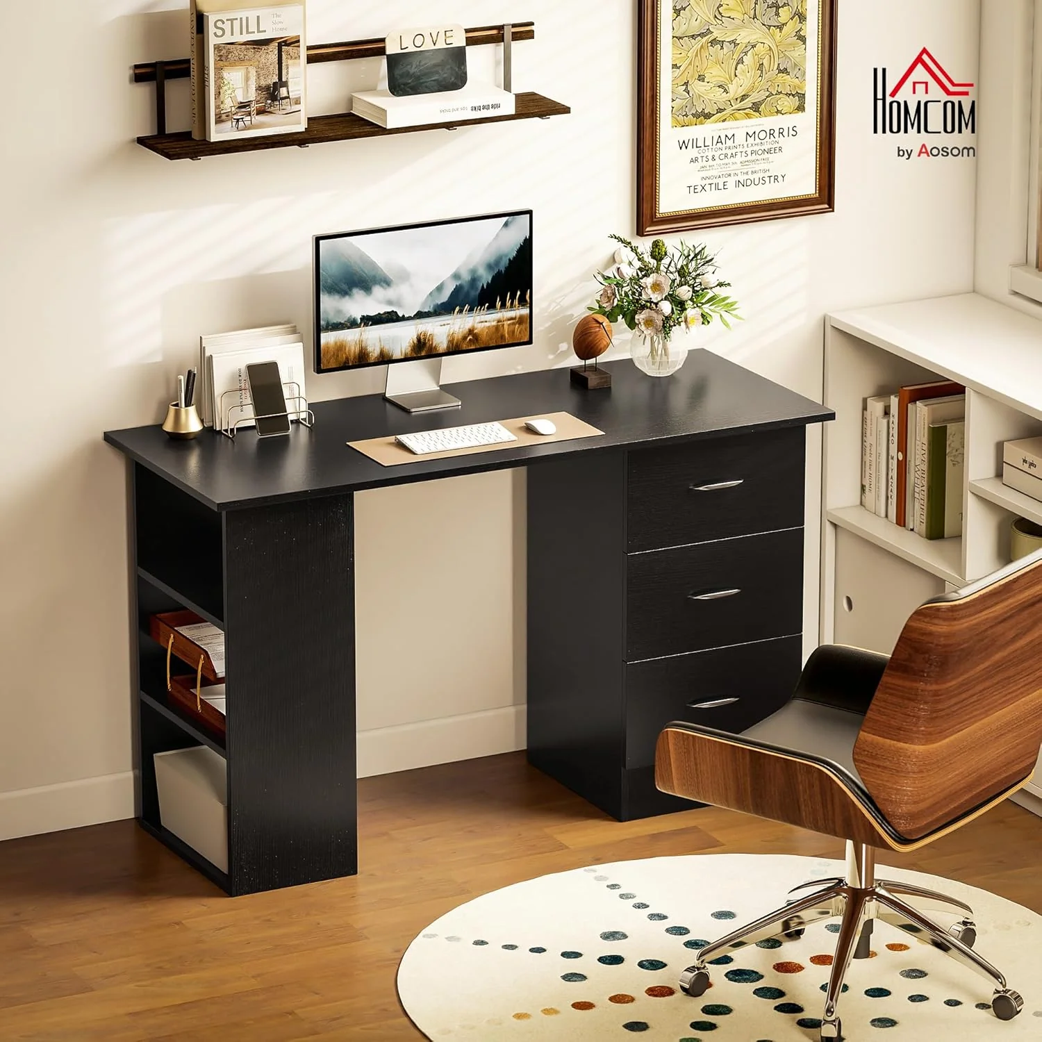 Modern Black Office Desk with Open Shelves & Storage Drawers