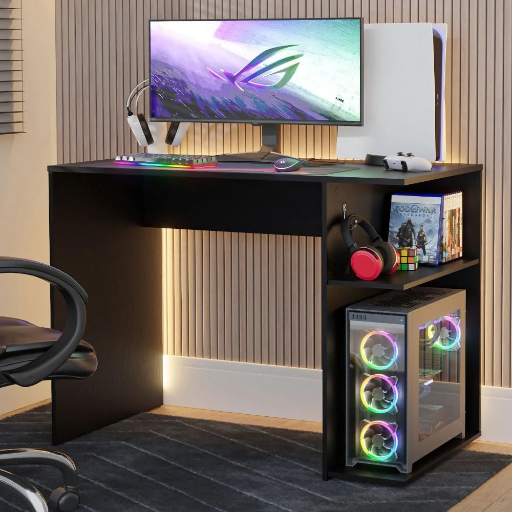 Compact Black Gaming & Computer Desk with CPU Stand