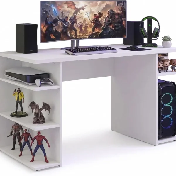 Modern Gaming & Office Desk with Storage Shelves - White