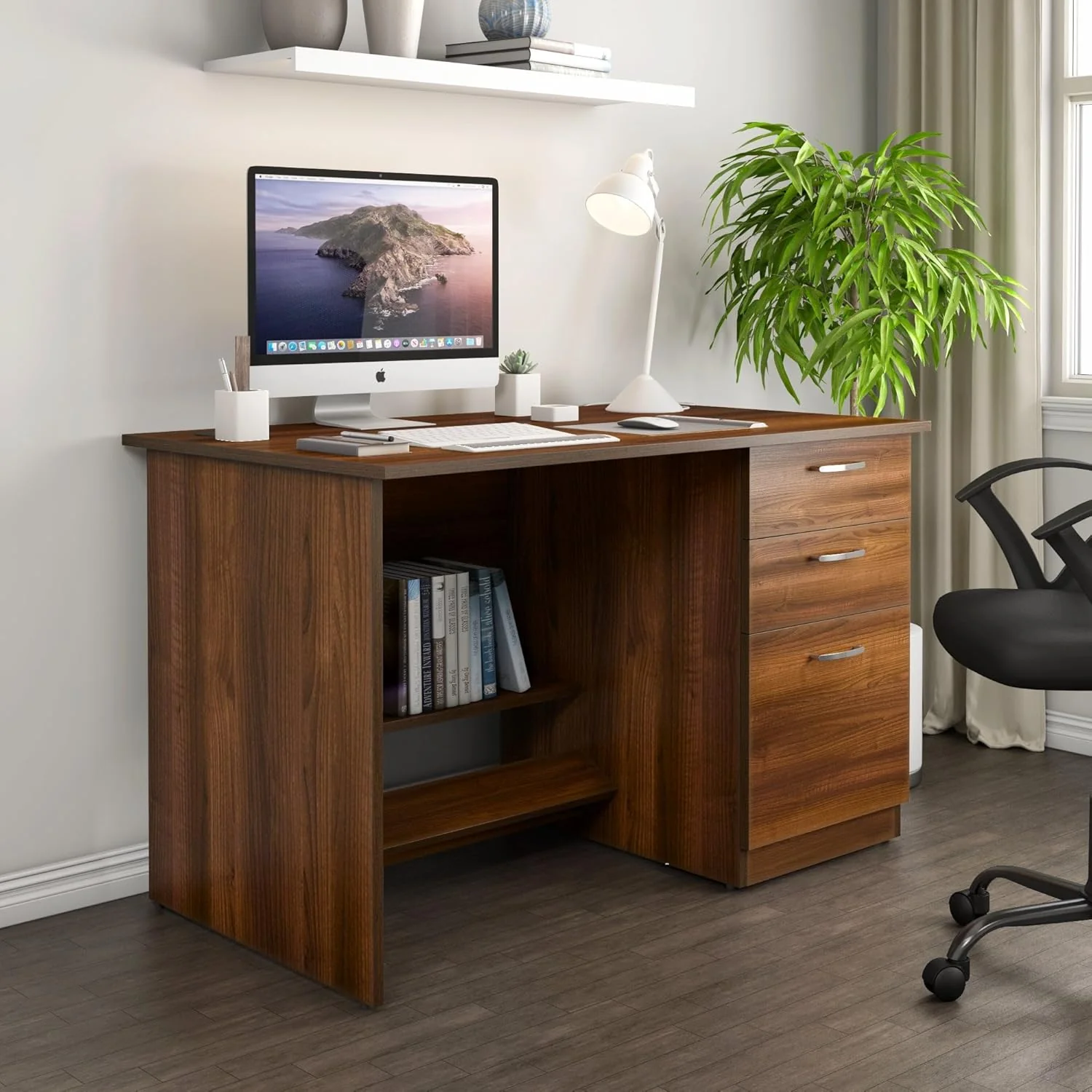 Modern Brown Wooden Office Desk with Drawers & Lower Storage Shelf