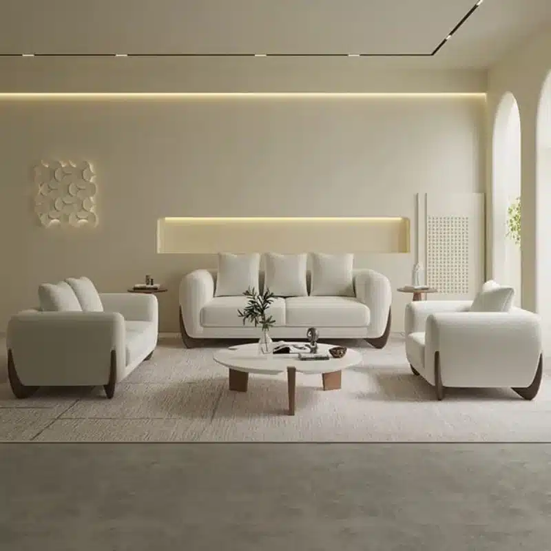 Modern 3-Piece Living Room Sofa Set with Wooden Legs - White & Brown