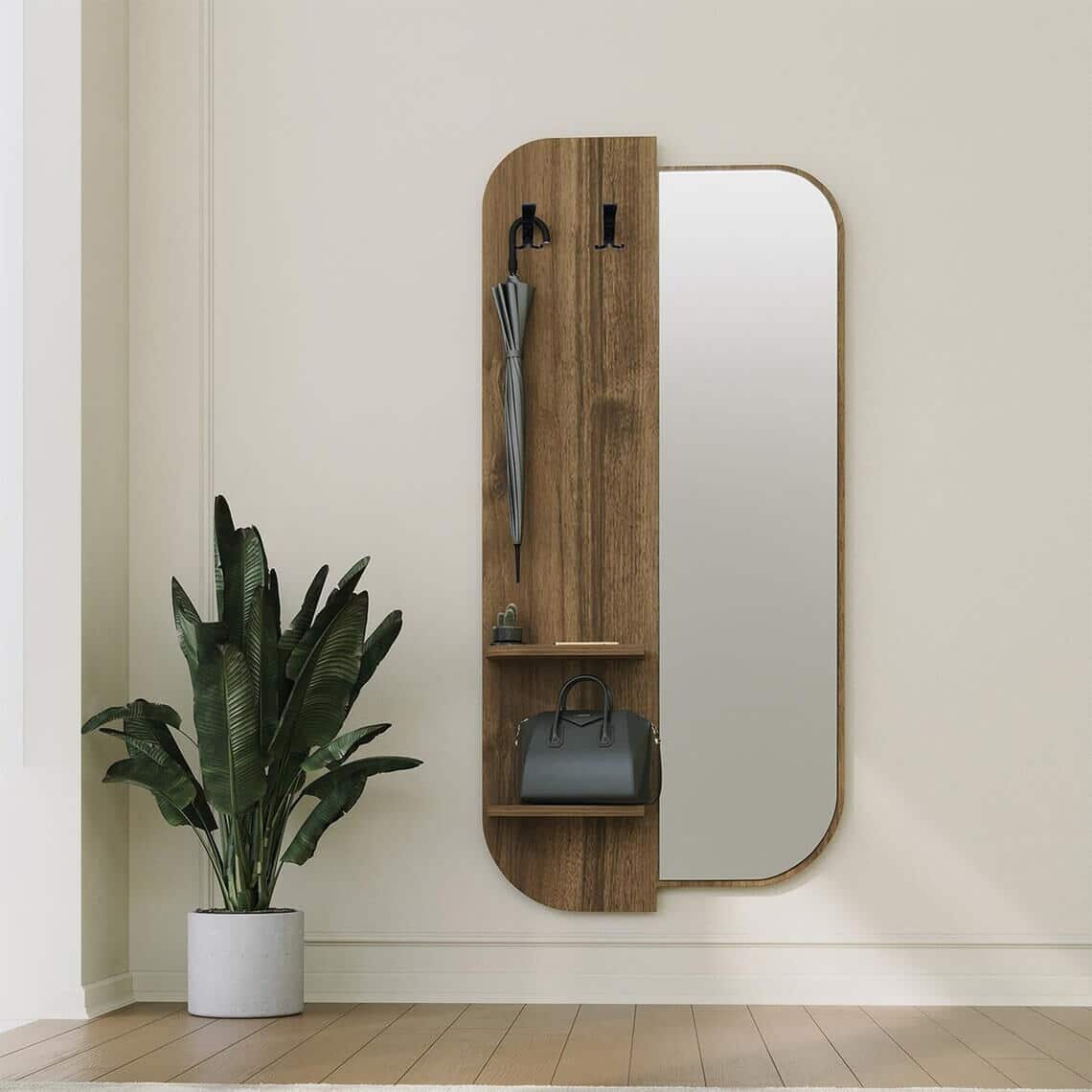 Modern Wall-Mounted Entryway Mirror with Coat Hooks & Shelves - Natural Brown